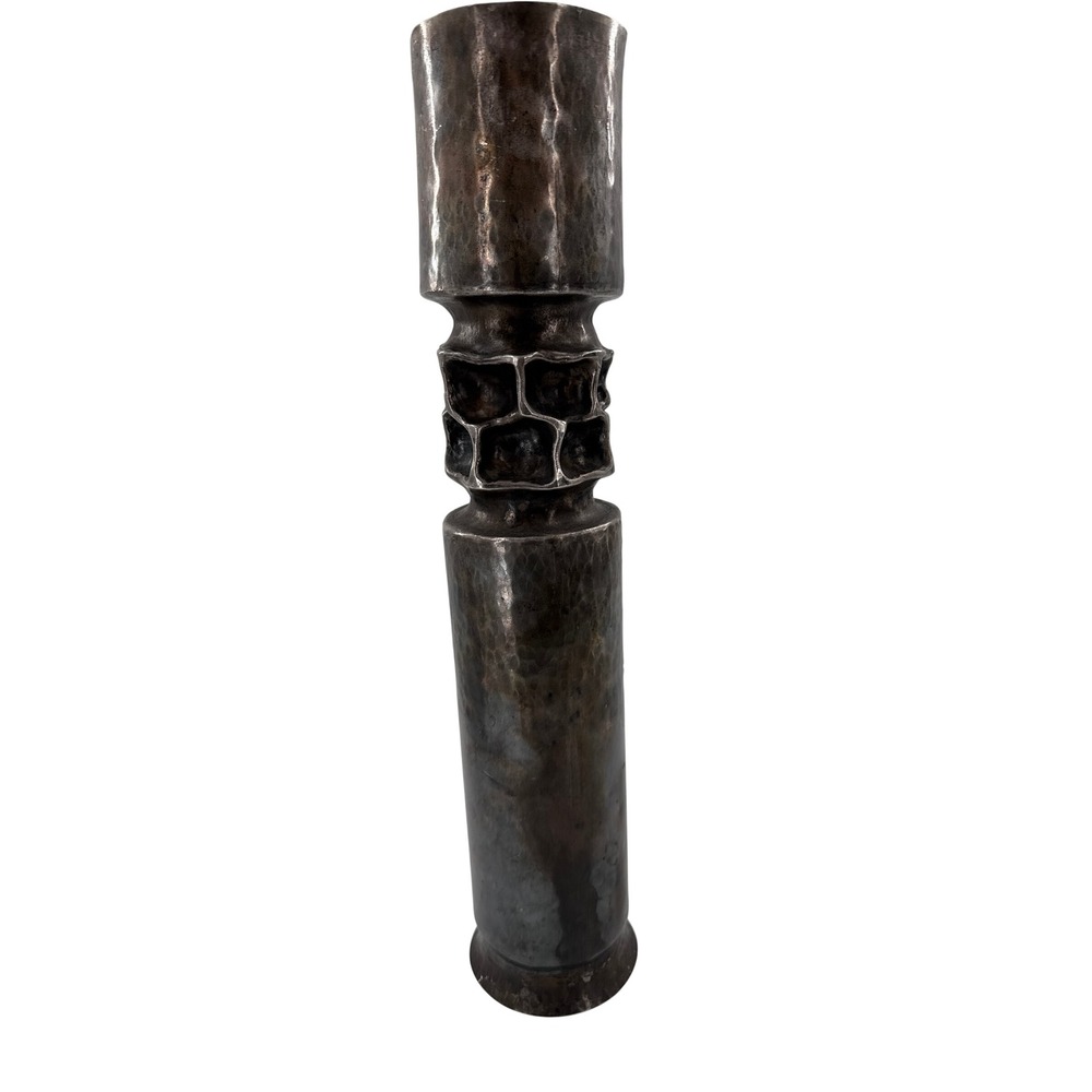 Trench Art Metal Vase Silver Brutalist Hammered Candlestick Tall Vase Decor